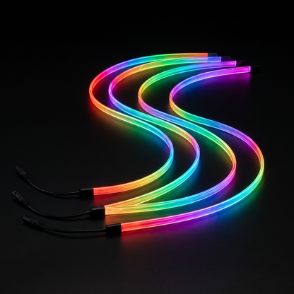 Ambient interior fibre optic light strips glowing in rainbow colours